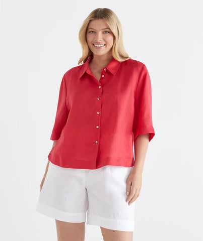 SUSSAN (LN) Red linen popover s/s crop shirt! 12