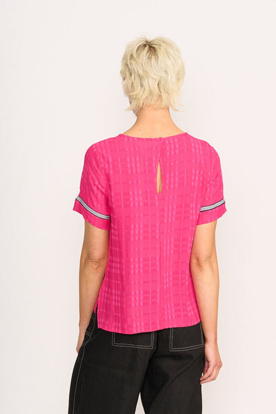 OH THREE - Step hem rib trim top - Pink check! 16