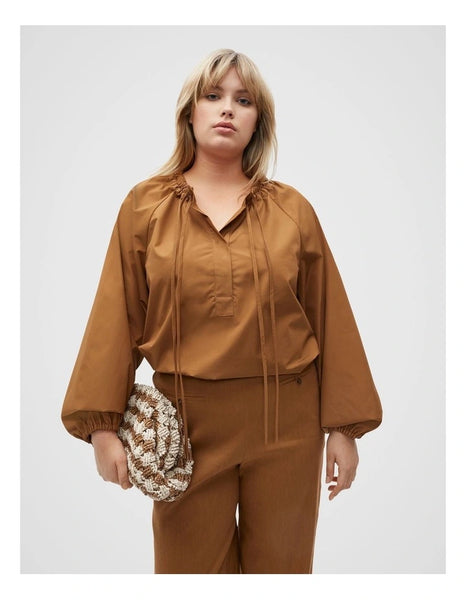 SEED - Tie detail poplin blouse - Brown! 10-12