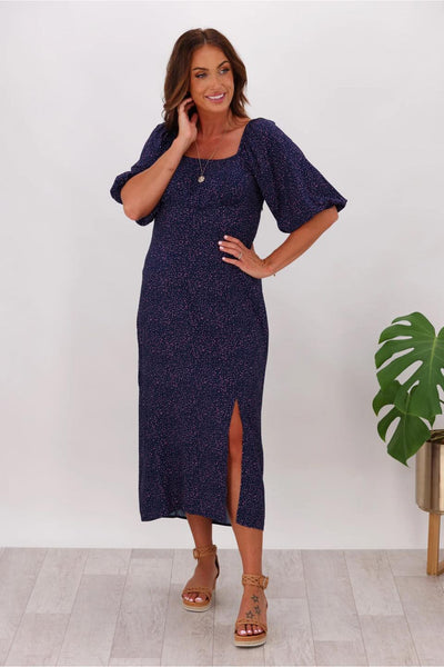 GLOSS - Tilly bust midi dress - Navy/pink print! 10