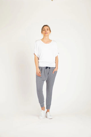 BETTY BASICS (BN) Navy stripe Barcelona drape pant! 12