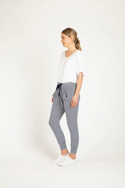 BETTY BASICS (BN) Navy stripe Barcelona drape pant! 12