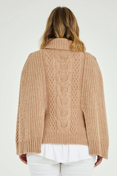 BOHO BIRD - Wool blend cable knit poncho - Camel! 10-12
