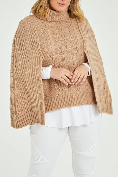 BOHO BIRD - Wool blend cable knit poncho - Camel! 10-12