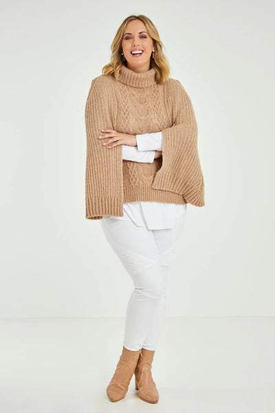 BOHO BIRD - Wool blend cable knit poncho - Camel! 10-12