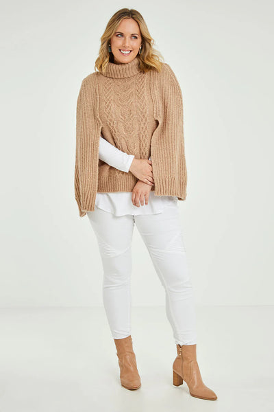 BOHO BIRD - Wool blend cable knit poncho - Camel! 10-12