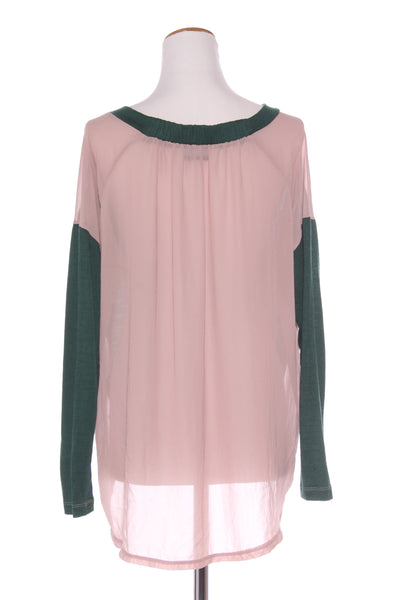MOOCHI 6&7 - Merino + chiffon panel top - Green/blush! 14-16
