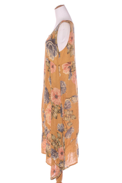 HELGA MAY (ITA) Ochre floral linen dress + pockets! 12-16