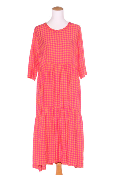 JELLICOE - Pink &  orange check midi dress + pockets! 14