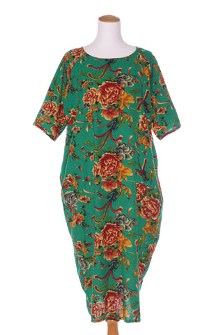 Green floral linen/cotton dress + pockets! 12-14