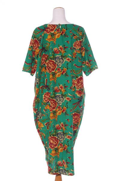 Green floral linen/cotton dress + pockets! 12-14