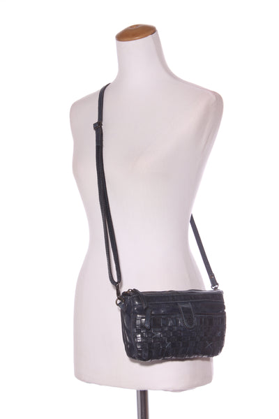 RUGGED HIDE - Navy woven detail leather crossbody bag!
