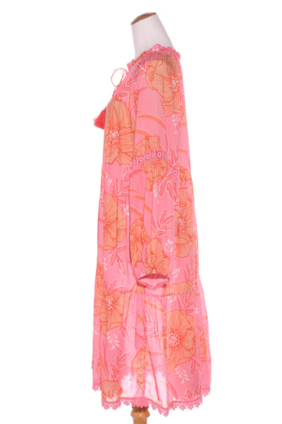 NAUDIC (LN) Lace trim cotton floral dress - Pink/orange! 16-18