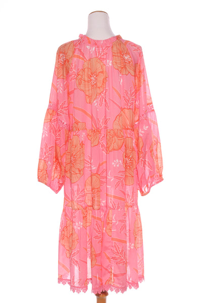 NAUDIC (LN) Lace trim cotton floral dress - Pink/orange! 16-18