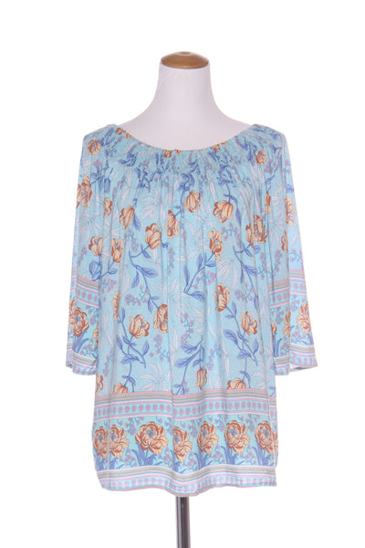 FREEZ - Shirred neckline blue floral boho top! 12