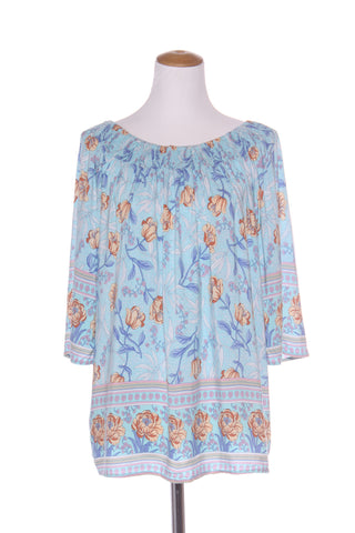 FREEZ - Shirred neckline blue floral boho top! 12