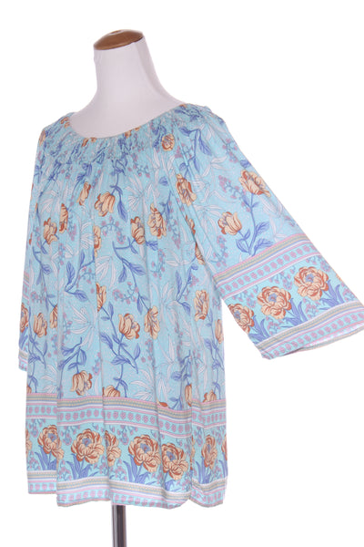 FREEZ - Shirred neckline blue floral boho top! 12