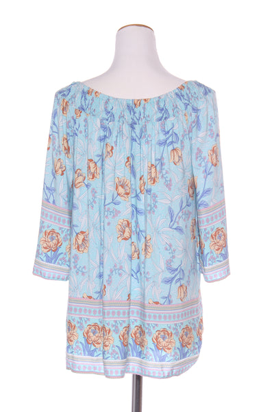 FREEZ - Shirred neckline blue floral boho top! 12