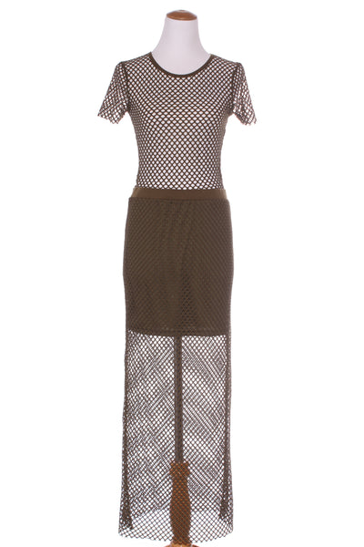 BEYOND HER (BN) "Ruby mesh" khaki top + skirt set! 8-10