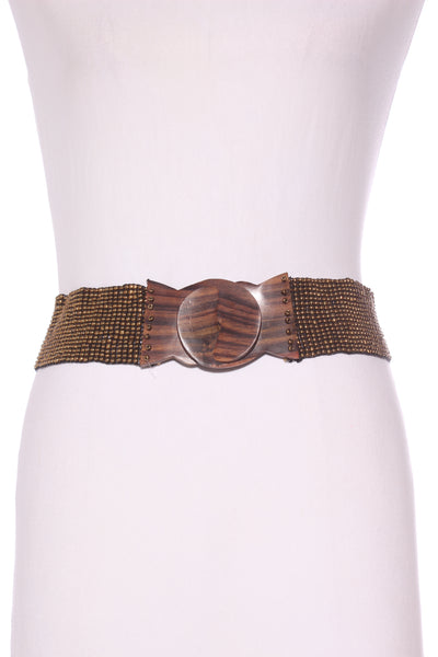 Boho beaded + wooden buckle belt - Gold! 10-14