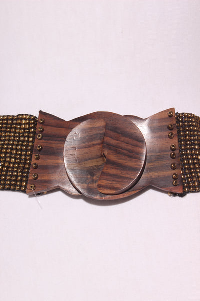 Boho beaded + wooden buckle belt - Gold! 10-14