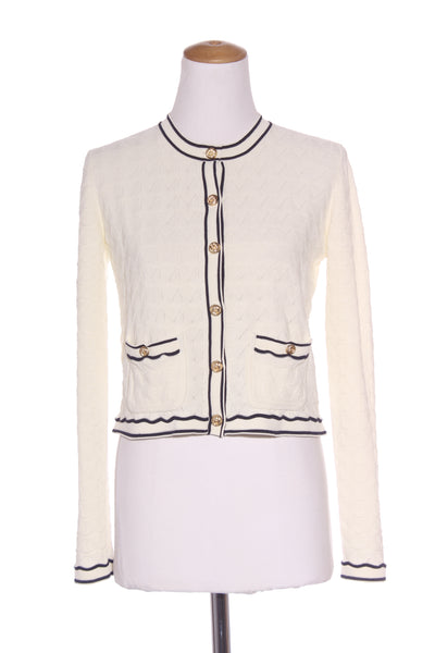 STATE OF PLAY (LN) Navy piped patterned knit cardi! 8-10