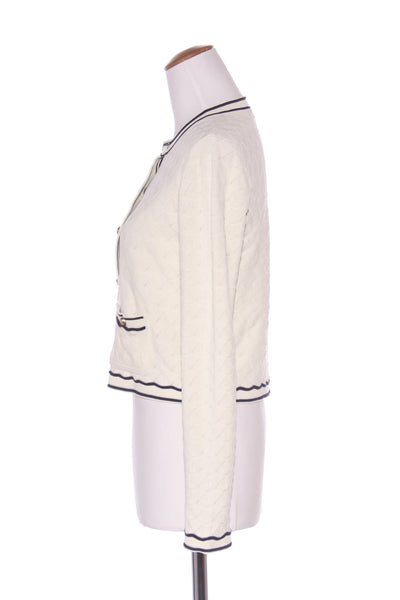 STATE OF PLAY (LN) Navy piped patterned knit cardi! 8-10