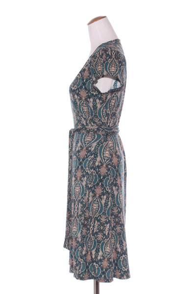 PRINCIPALS - Vintage teal gilded print wrap dress! 10-12
