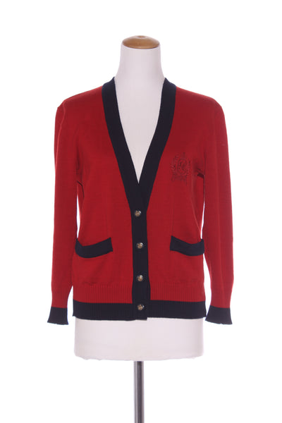 LUI CHANTANT - Red + navy crest wool cardi! 12