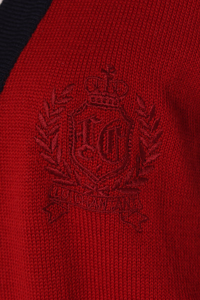 LUI CHANTANT - Red + navy crest wool cardi! 12