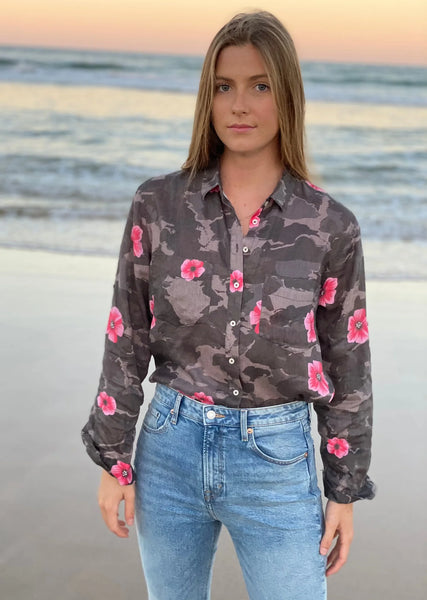 HUT (LN) Brown floral camo linen shirt! 12