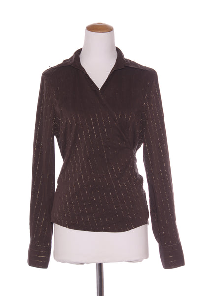 EMERGE - Gold + brown pinstripe wrap top! 14