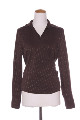 EMERGE - Gold + brown pinstripe wrap top! 14