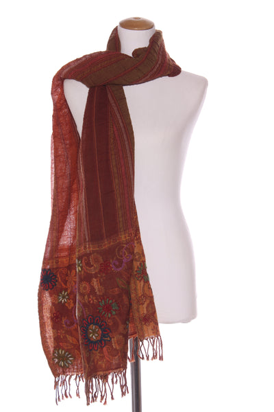 TRADITION - Pretty embroidered wool scarf - Earthy tones!