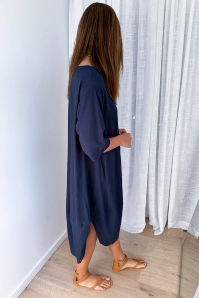 VINE APPAREL (LN) Linen blend Otto dress - Navy! 10-12