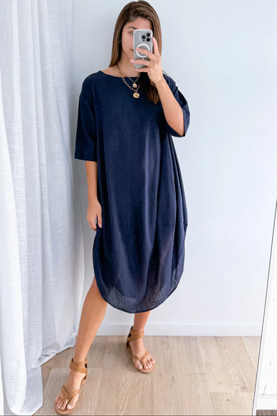 VINE APPAREL (LN) Linen blend Otto dress - Navy! 10-12