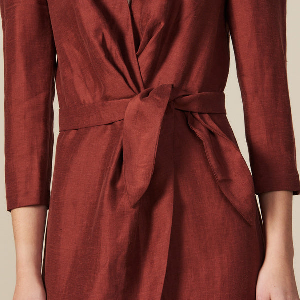 SANDRO - Linen blend wrap dress - Rust! 12