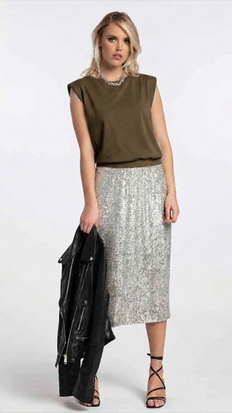 REPERTOIRE (NZ) "Hero" padded shoulder top - Khaki! 14