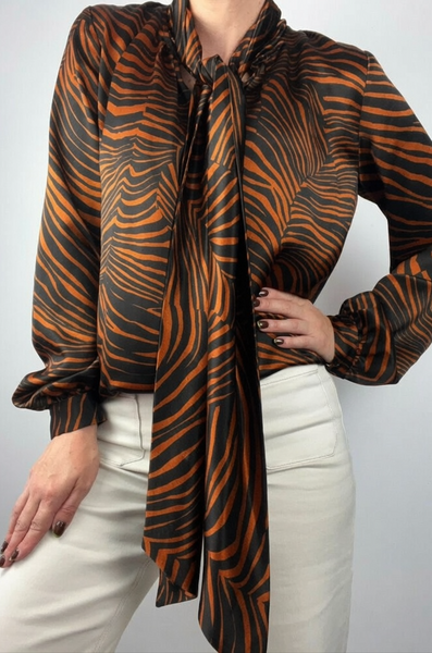 STORM - Silky pussy bow blouse - Bronze animal! 10-12