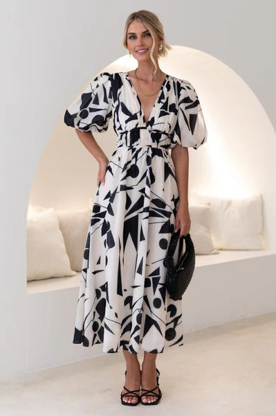 PASSION FUSION (BN) Geo midi dress - Black/cream! 10