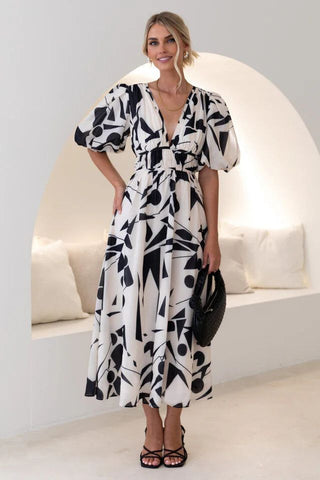 PASSION FUSION (BN) Geo midi dress - Black/cream! 10