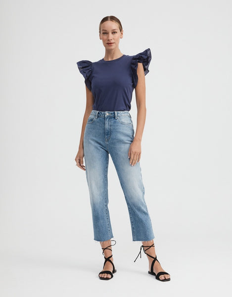 WITCHERY - Cotton ruffle sleeve top - Navy! 12