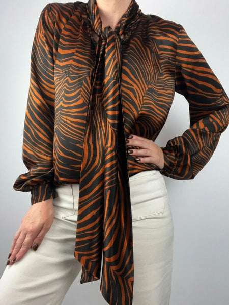 STORM - Silky pussy bow blouse - Bronze animal! 10-12