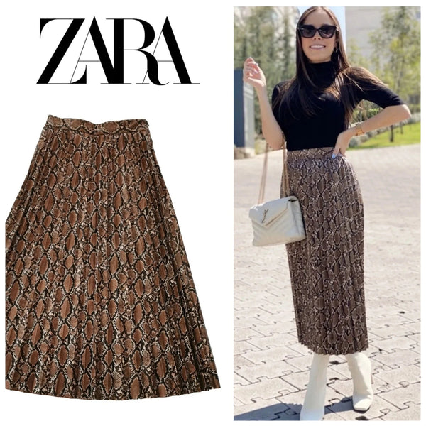 ZARA - Snakeskin faux leather pleat midi skirt! 16